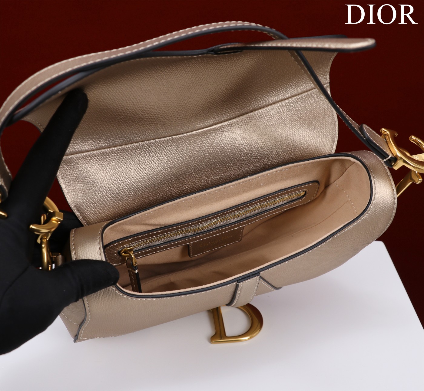 Saddle Bag with Strap Light Gold Grained Calfskin